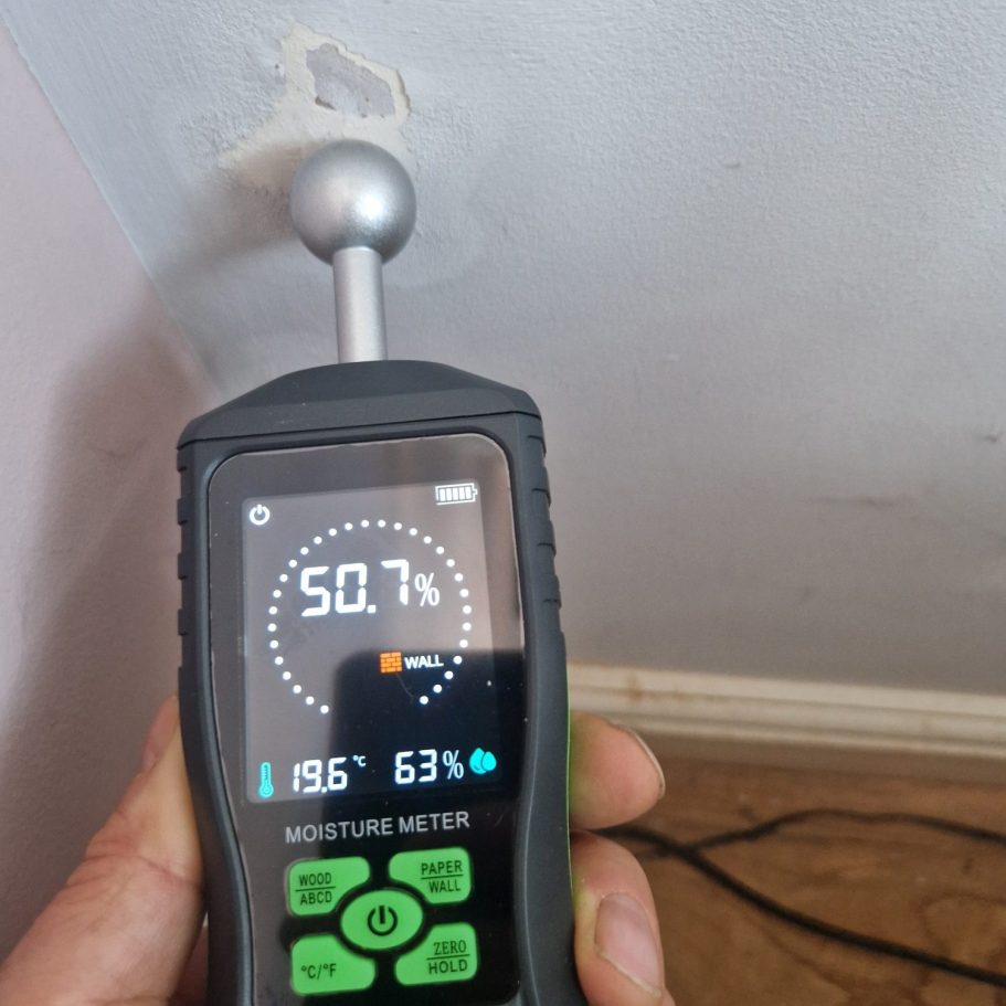 High meter reading caused by efflorescence Salts Moisture meter displaying a reading of 50.7 in a wall corner.