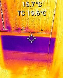 Cold spot attracting Condensation, picked up using a Thermal Camera. Thermal image showing temperature reading of 70.2°F with colour gradient.